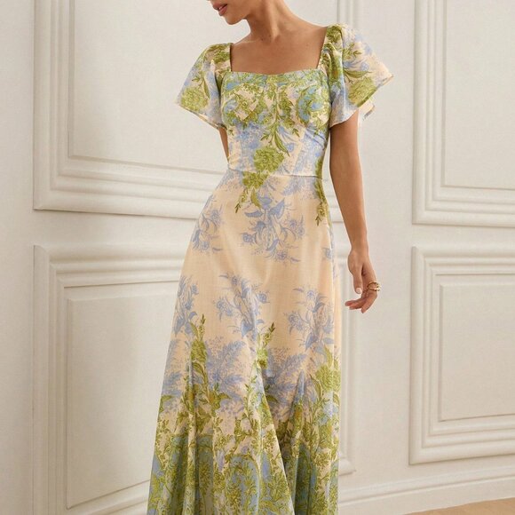 Green Elegant Women's Floral Dress - Picture 3 of 6